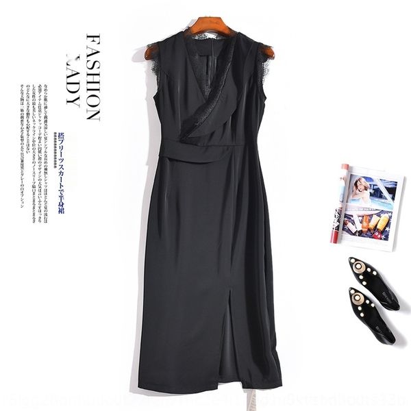 

thjop dresslace 2019 dresssl solid color v-neck lace sleeveless irregular split stitching 3226 summer 2019 new solid color v-neck dress summ, Black;gray
