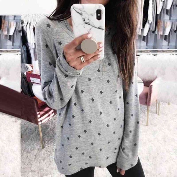 

woman t shirt chic lady star print o neck polyester long sleeve loose casual pullover t-shirt tee shirt top, White