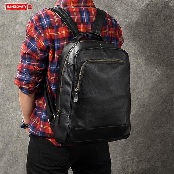 

new genuine leather men's backpack fashion male lapshoulder bag travel business bags large capacity black cow leather men