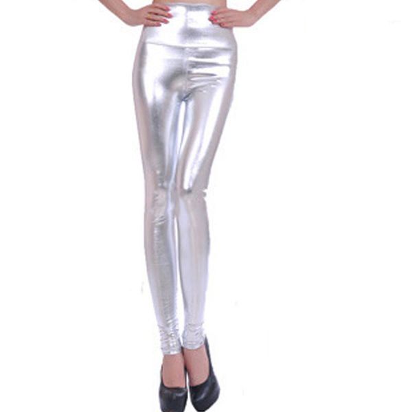 

lady fashion slim high waist leggings women shiny silver leggings high-waisted stretch pencil pants1, Black;white