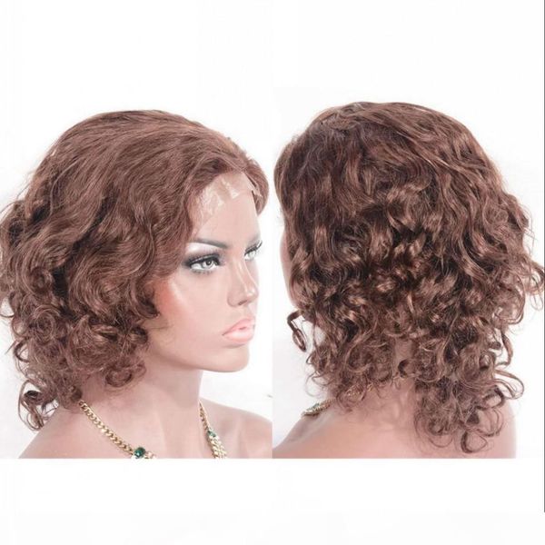 

pre plucked peruvian lace front wigs 33# human hair short loose curly wigs 130% density with straps, Black;brown