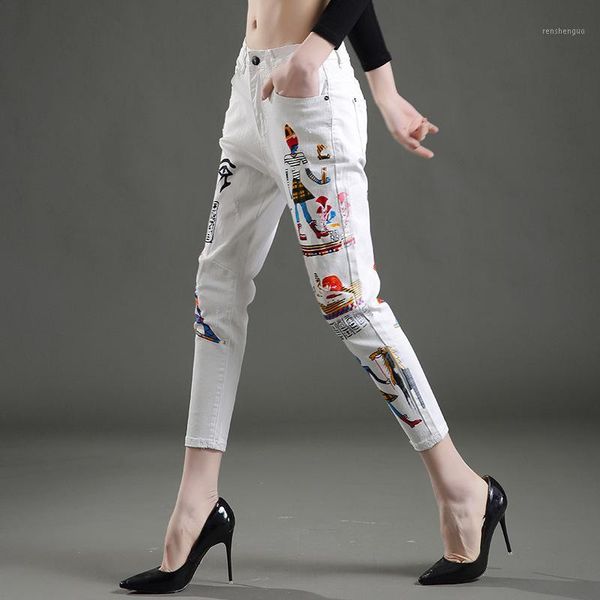 

new spring summer 9 nine denim pants female cross jeans mid waist printing white trousers casual women jeans and pants tide1, Blue
