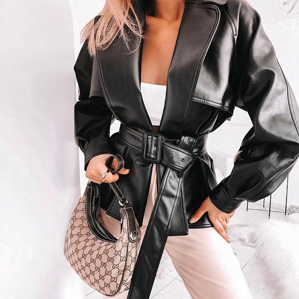 

autumn winter women leather jacket steetwear motorcycle windbreaker ladies long sleeve sashes coat outwear, Black;brown