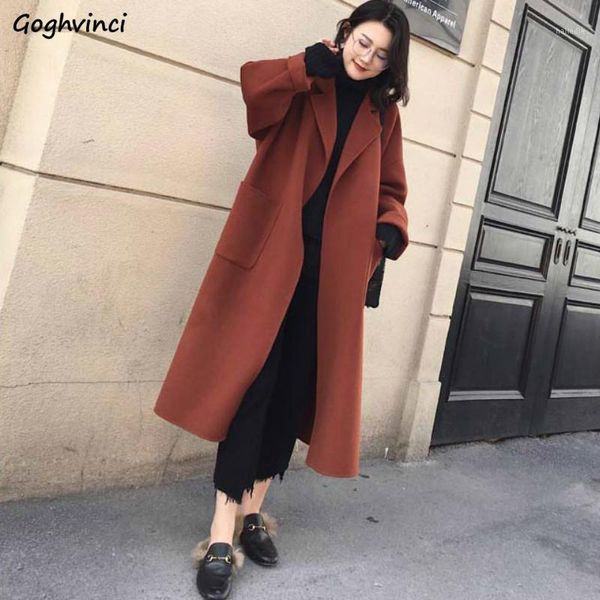 

winter coat women solid elegant belt plus size simple all match womens long coats harajuku ladies korean fashion clothes casual1, Black