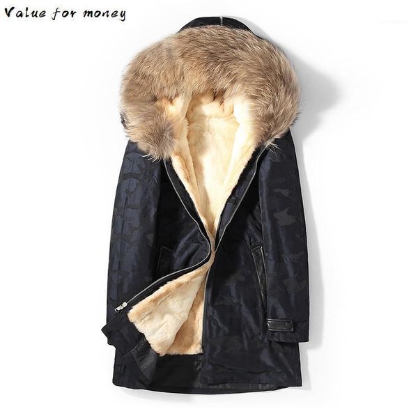 

mens 2020 parka real fur coat men winter jacket hooded natural fur liner raccoon collar parkas 19963-1 kj34491, Black