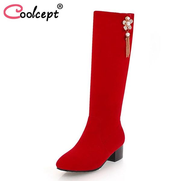 

coolcept women high heel boots flower bowknot knee boots warm fur shoes women fashion winter wedding shoes size 33-43, Black