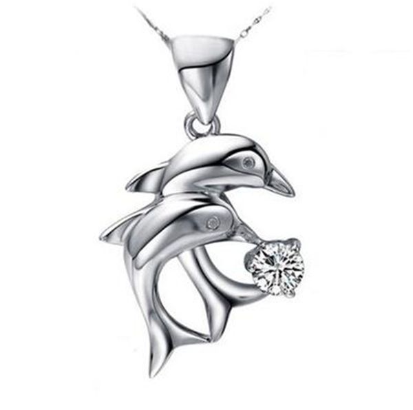 

lovers diamond double dolphin love pendant amethyst crystal blue white zircon short necklac dmfn071 (with chain) mix order pendant necklaces, Silver