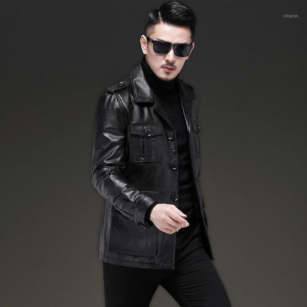 

2020 autumn genuine leather jacket men 100% cowhide real leather coat slim men's cow jackets 19-203 kj32851, Black