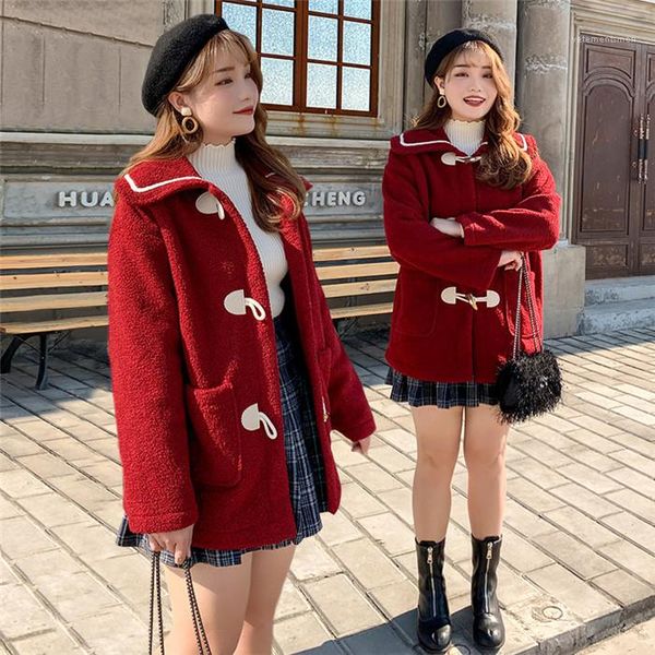 

полушерстяной женского конструктор сыпучего отворот шея хорн кнопка верхней одежда мода повседневных женщины осень зима пальто плюс размер l, Black