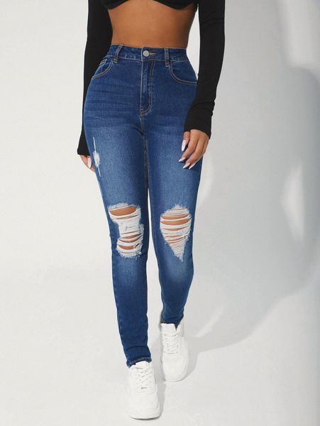 

petite high waisted ripped skinny jeans z3ln#, Blue