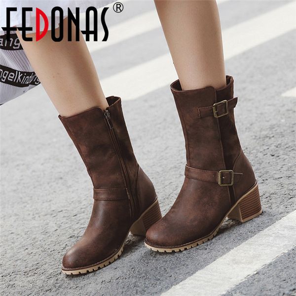 

fedonas vintage round toe women mid-calf boots synthetic leather buckle zipper night club shoes woman 2020 winter western boots 1026, Black