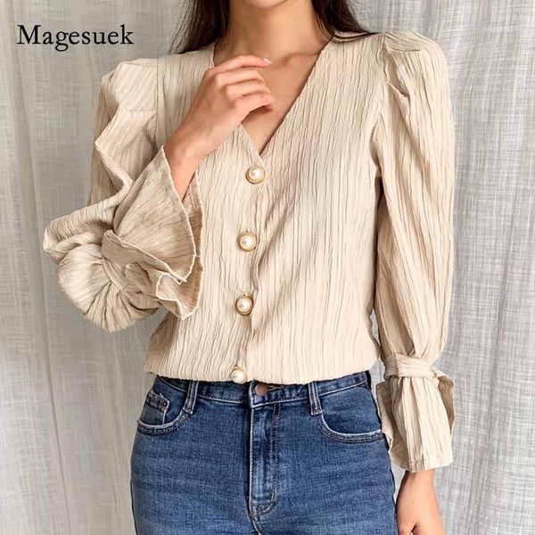 

2020 autumn loose puff long sleeve cotton women shirts slim white blouse v-neck women solid casual womens blusas 110151