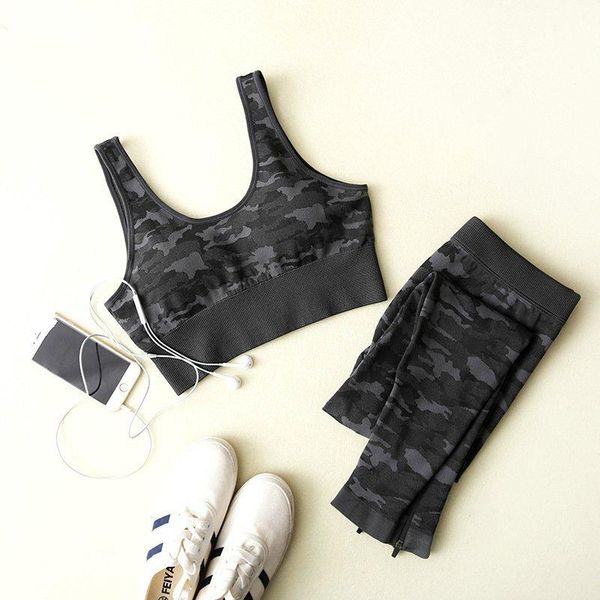 

yoga outfits camo set women printed pattern breathable widened shoulder naked feel shockproof puberty bra high waisted gym leggings, White;red