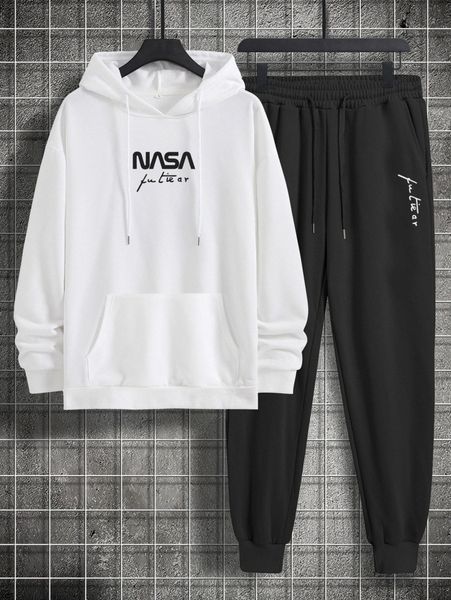 

men letter graphic pocket hoodie & drawstring waist sweatpants z5fh#, Gray