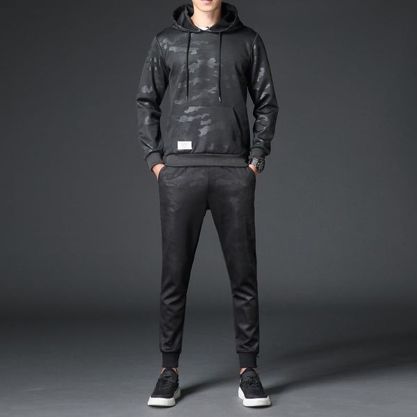 

new camouflage printed mens tracksuit hooded sweatshirt full length pants suit two piece set comfort casual streetwear, Gray