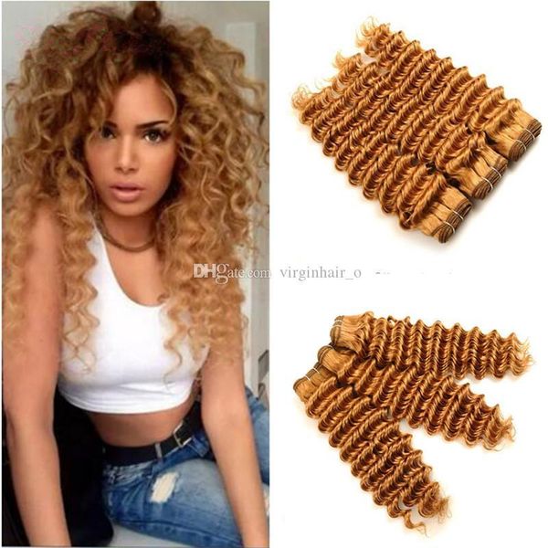 

9a malaysian honey blonde hair weave deep wave strawberry blonde human hair 3 bundles #27 light brown deep curly virgin hair weft extensions, Black