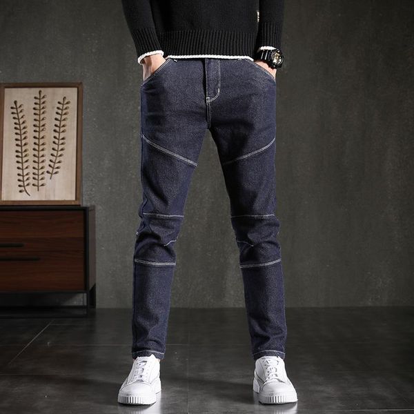 

2021 autumn and winter style personalized splice men's jeans slim fashion korean version popular logo high-end blue casual pants