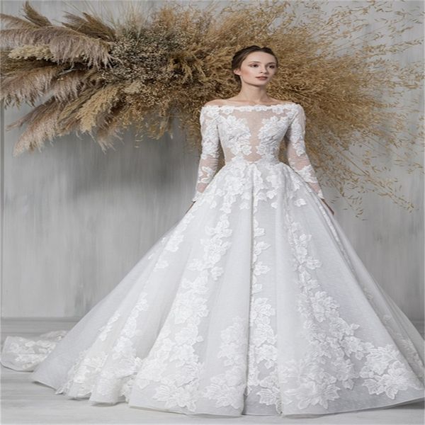 

elegant long sleeves wedding dresses appliqued lace chic beach bridal gowns sweep train robes winter de mariÃ©e boho custom made, White