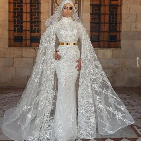

muslim mermaid wedding dresses cap sleeve lace applique bridal gowns with hooded wrap wedding dress, White