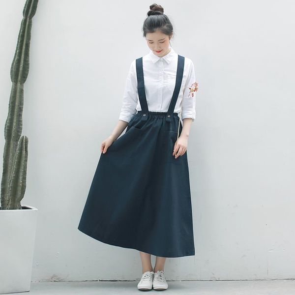 

2019 mori girl women cute midi skirt suspenders high waist vintage elegant skirts preppy style pockets cotton linen long skirts, Black