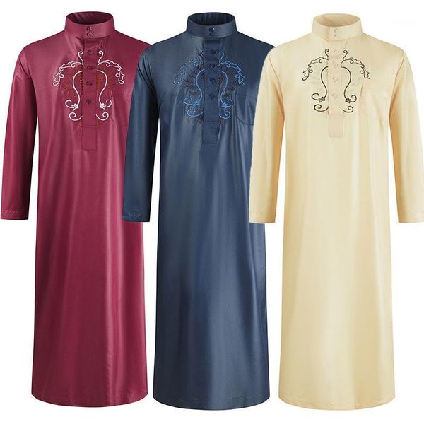 

men traditional muslim jubba thobes arabic islamic clothing fashion embroidery kaftan saudi arabia dubai abaya long dress robes1, Red