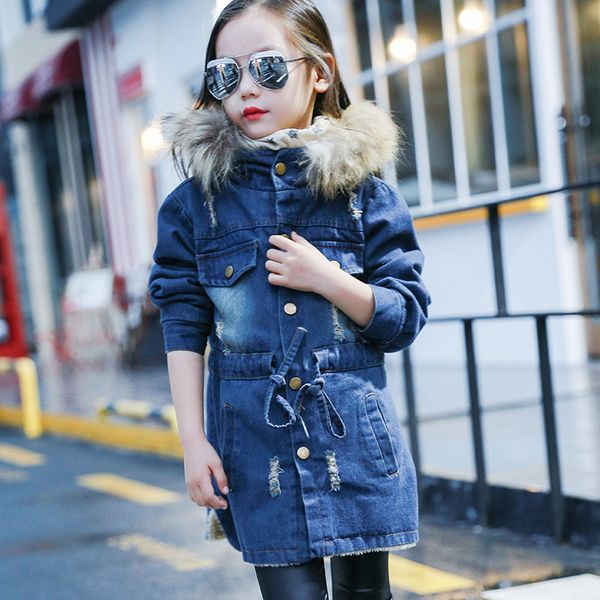 

ulknn 2020 autumn winter denim jacket for girls plus velvet hooded baby girl fleece jacket 3-12 years teenagers parka coat lj201124, Blue;gray