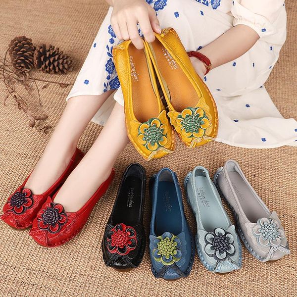

2020 new soft genuine leather flat shoes women flats with flowers ladies shoes women designers loafers slip on for, Black