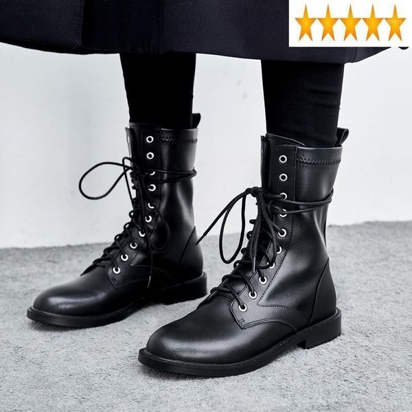 

women lining winter lace fleece up strechy ankle boots high flats british moto biker genuine leather shoes1, Black