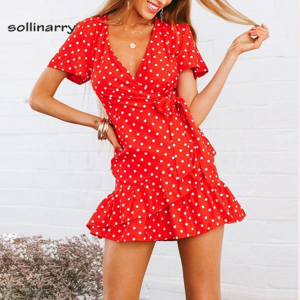 

sollinarry red polka dot v neck ruffle mini dress women 2018 summer casual pink wrap dress boho beach short vestidos1, White;black