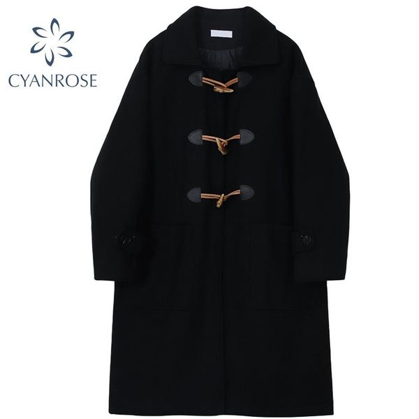 

women's wool & blends women black long woolen coat trench winter fashion elegant single breasted vintage button japanese style loose st