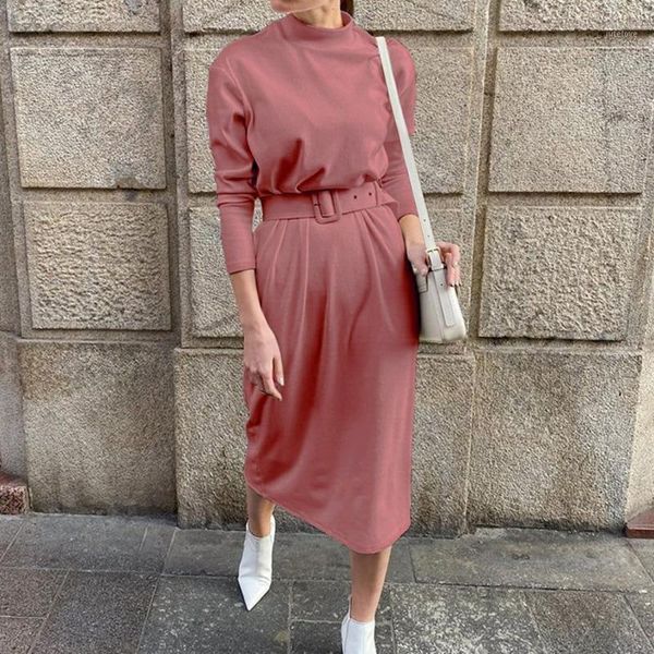 

solid warm long sleeve midi dress female straight women knitted dress spring autumn chic streetwear belt ladies work 20201, Black;gray