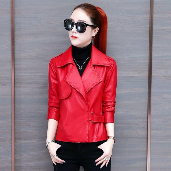 

2021 autumn short pu leather coat ladies clothes casual long sleeve zipper outerwear plus size fashion biker jacket women g685, Black