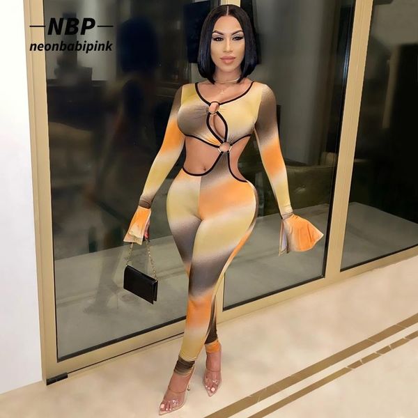 

women's jumpsuits & rompers neonbabipink gradient printed hollow out long sleeve bodycon jumpsuit one piece outfit women clubwear 2021, Black;white