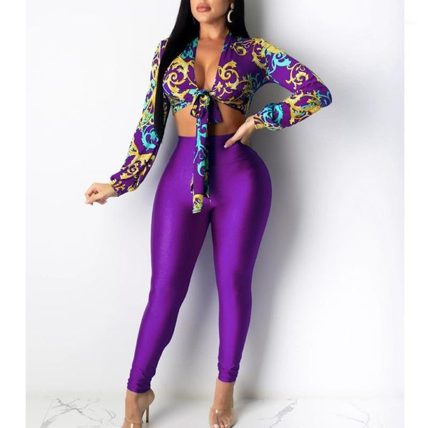 

vintage gold chains print blouse matching set women long sleeve printed tie-front two piece suit sets outfits1, Gray