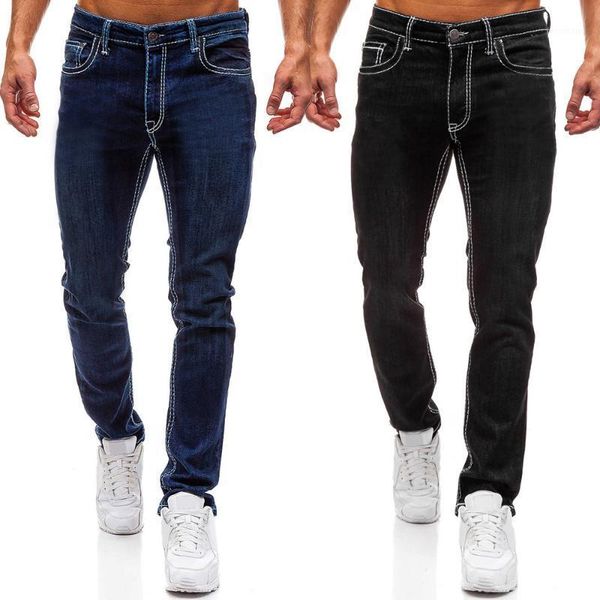 

basic jeans men full length regular dark blue black denim trousers casual mens jeans homme streetwear male straight pants d301