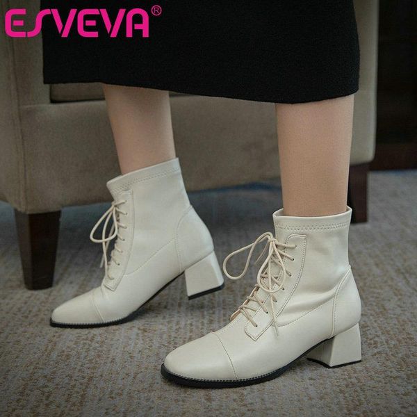 

esveva 2021 lace up elegant fashion pu leather ankle boots autumn winter ladies square heel round toe women shoes size 34-43, Black