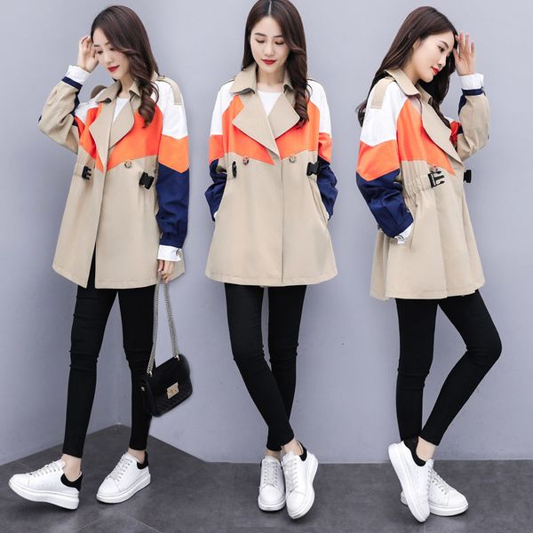 

large size women's clothing spring and autumn 2020 new coat lapel long sleeve pleated slim female trench patchwork jaqueta kn018, Tan;black
