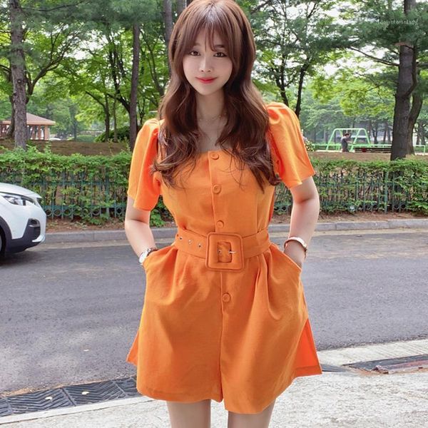 

women's jumpsuits & rompers [ewq] 2021 summer orange jumpsuit korea slim square collar puff sleeves waisted single-breasted wide-leg ju, Black;white