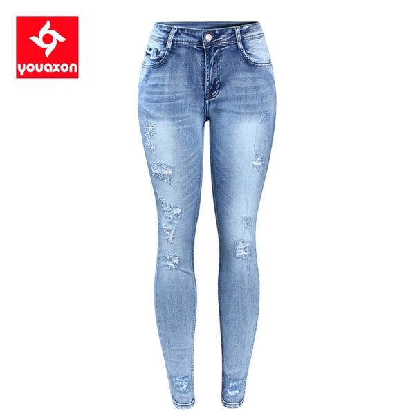 

2096 youaxon classic distressed jeans women mid waist stretchy ripped true denim pants skinny pencil jeans woman lj201127, Blue