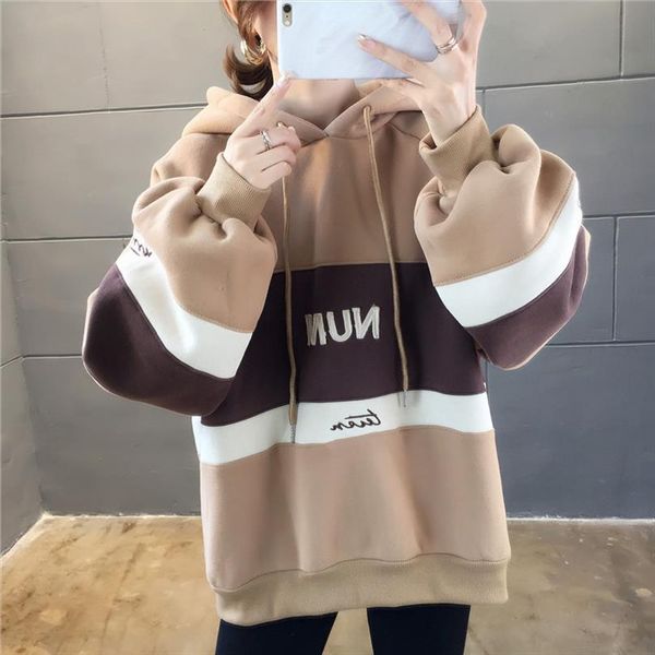 

letters fleece hoodies women autumn winter sweatshirt plus size loose striped colour block girls planet sleeve hooded pullover, Black