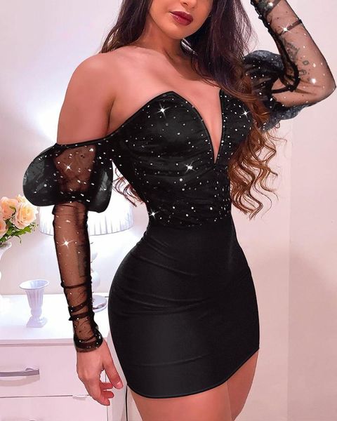

casual dresses women bodycon dress off shoulder v neck night club mini glitter mesh splicing party, Black;gray
