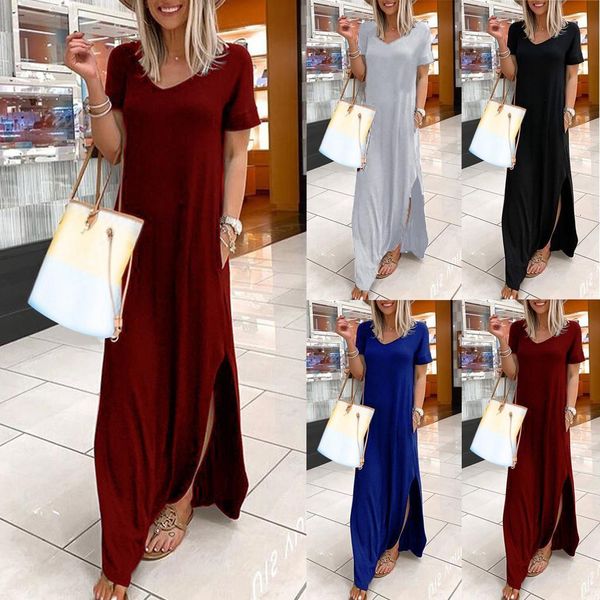 

40 fashion women casual loose dress ladies solid color v neck short sleeves pockets long dress women casual natural beach maxi dress, Black;gray