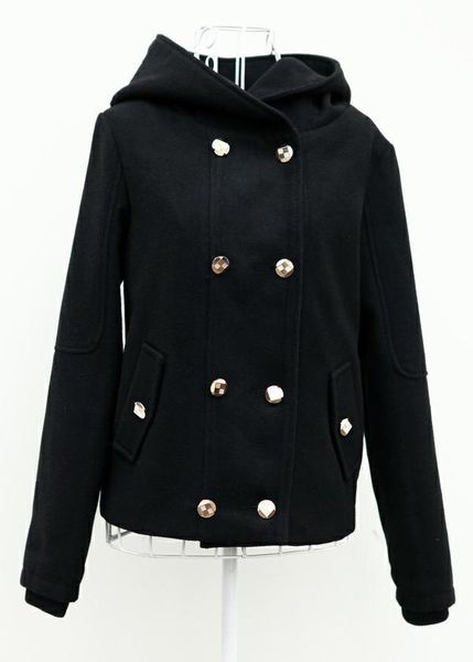 

double breated pockets cashmere coat and jacket streetwear women woolen short coat slim hooded solid women's jacket, Black
