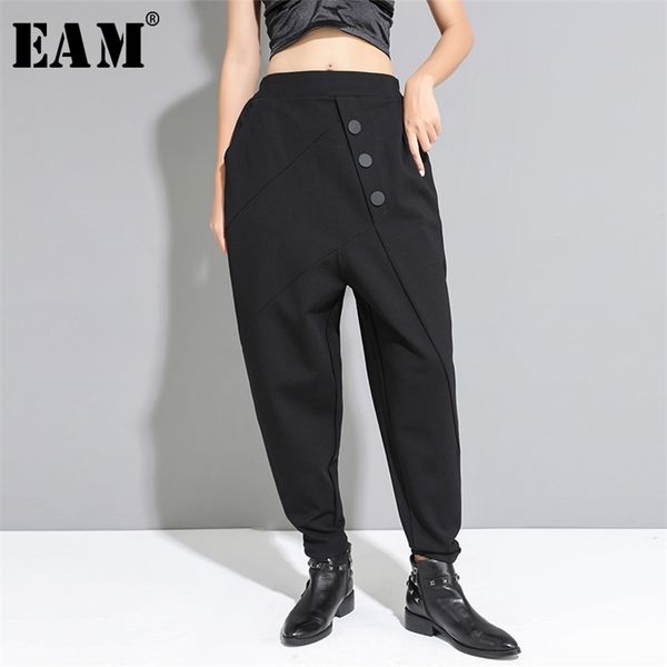 

[eam] high elastic waist black button stitch harem trousers new loose fit pants women fashion tide spring autumn 2020 lj201103, Black;white