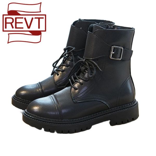

boots revt spring autumn women's ankle geunuel leather short casual work shoes boot flap buckle zip black everyday winter