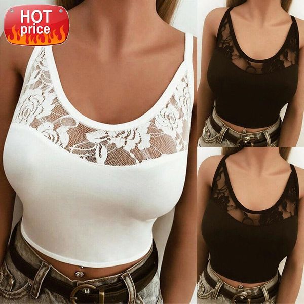 

2019 brand new summer ladies women sleeveless lace bustier crop vest casual tank blouse t-shirt #e19d, White