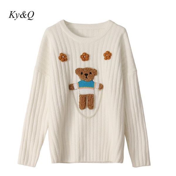 

2021 autumn winter runway new bear jacquar beading sweater women long sleeve o-neck knitted pullovers casual fashion, White;black
