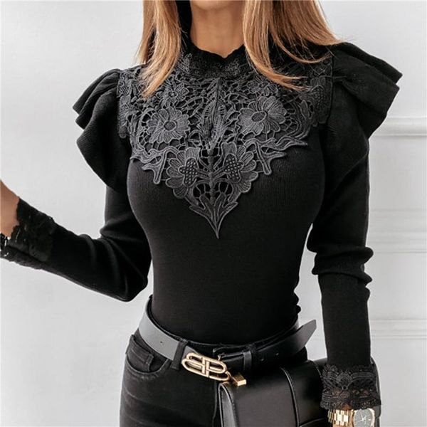 

solid ruffle flower slim shirts lace khaki long sleeve shirt winter high street fashion comfortable shirt 2021 new, White;black