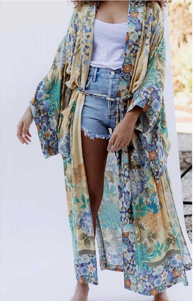 

super chic summer vintage blouse cardigan floral print long kimono sashes women cardigan split loose beach blouses femme blusas, White