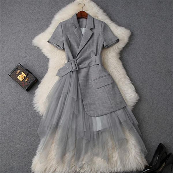 

cbafu notched collar blazer mesh patchwork summer dress office party dresses with belt short sleeve tulle long dress p885, Black;gray